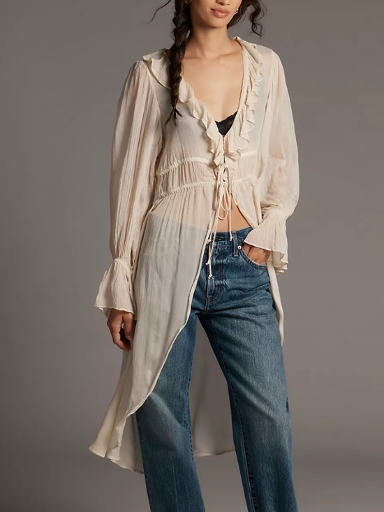 By Anthropologie Tops - By Anthropologie size L duster kimono ruffle long sleeve boho beige western NEW